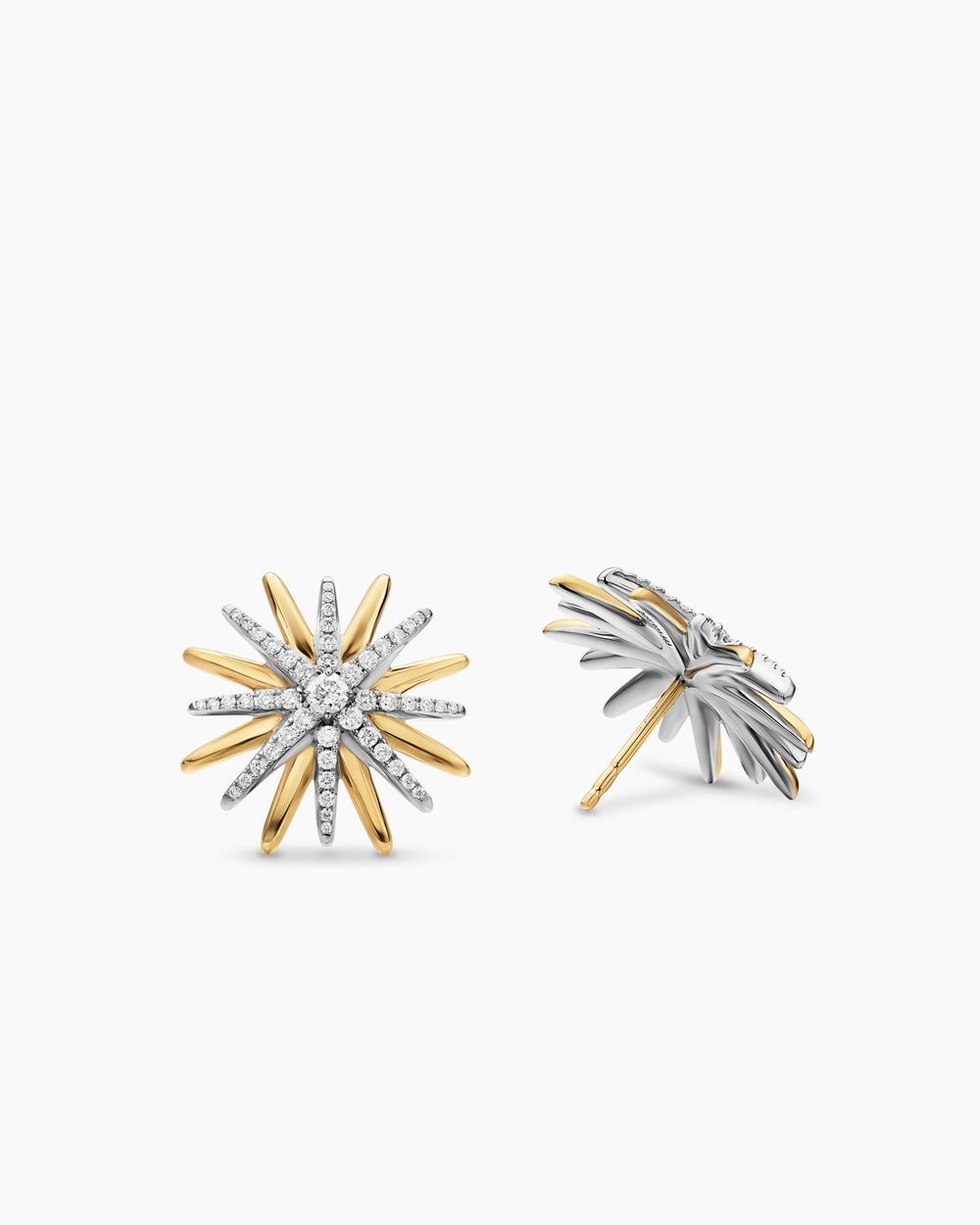 Womens Starburst Stud Earrings in Sterling Silver with 18K Yellow Gold with Diamonds, 19mm