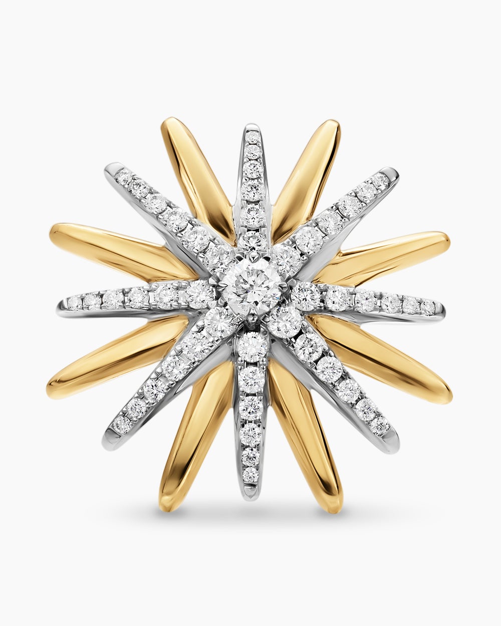 Womens Starburst Stud Earrings in Sterling Silver with 18K Yellow Gold with Diamonds, 19mm