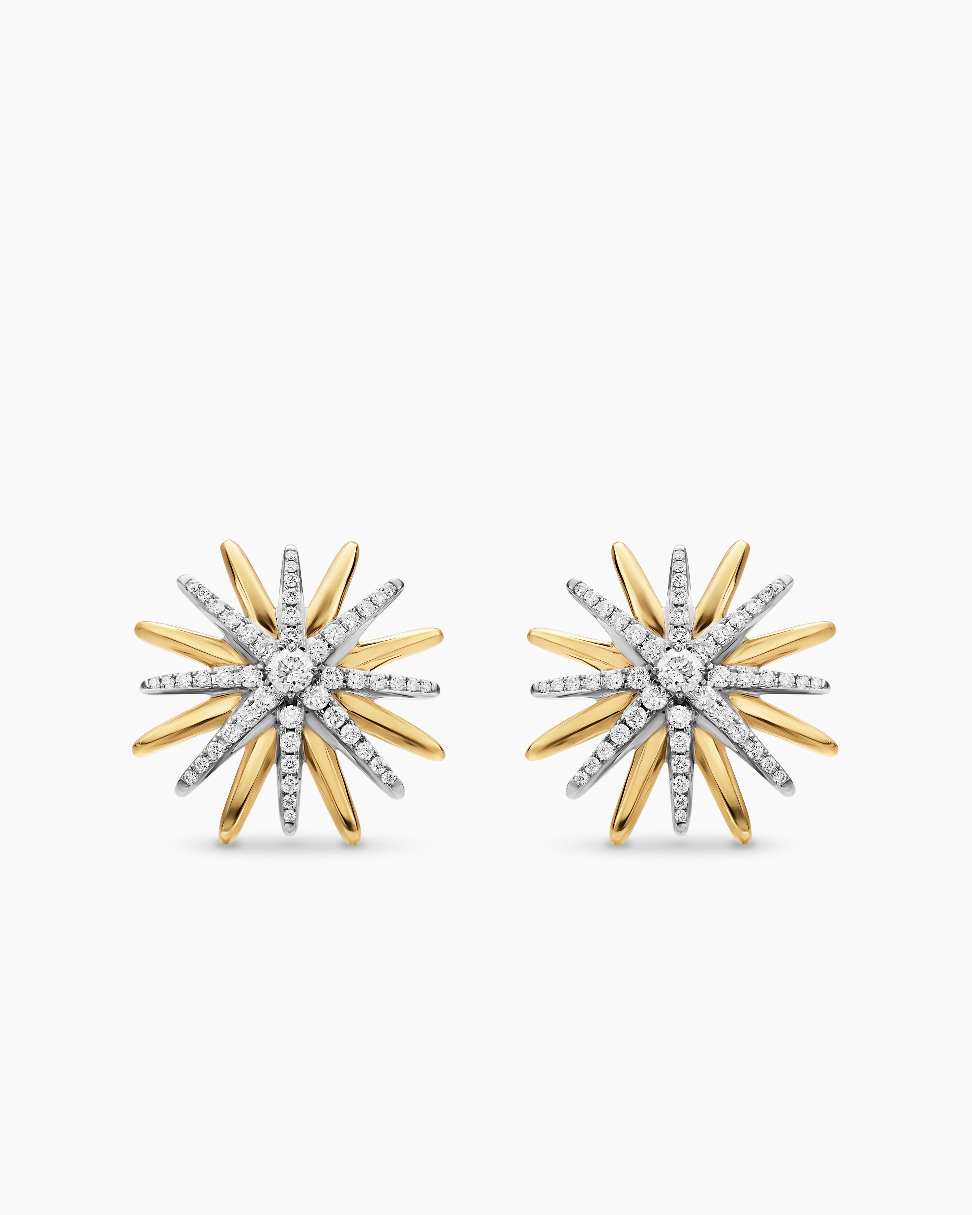 Womens Starburst Stud Earrings in Sterling Silver with 18K Yellow Gold with Diamonds, 19mm