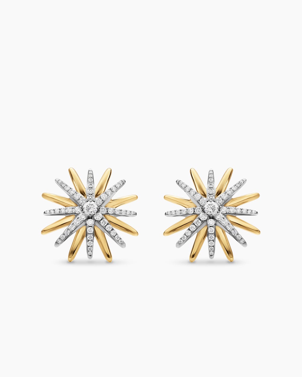 Womens Starburst Stud Earrings in Sterling Silver with 18K Yellow Gold with Diamonds, 19mm