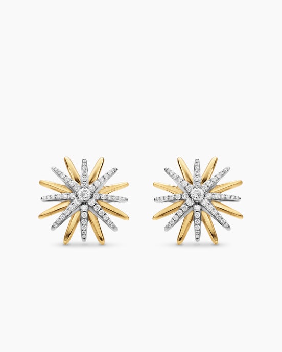 Starburst Stud Earrings in Sterling Silver with 18K Yellow Gold with Diamonds, 19mm