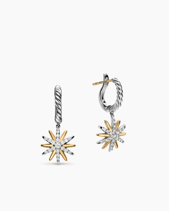 Starburst Drop Earrings in Sterling Silver with 18K Yellow Gold with Diamonds, 26mm