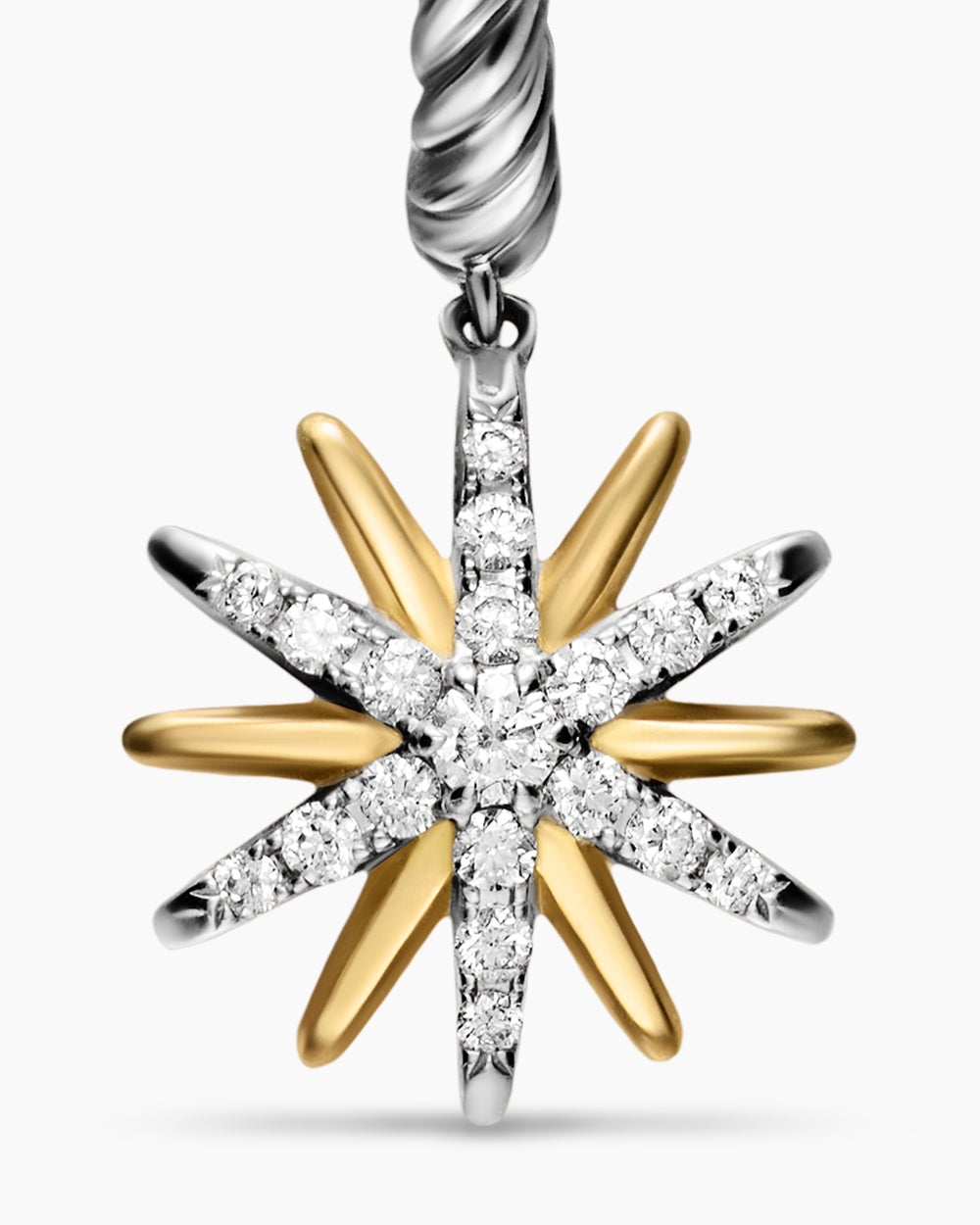 Womens Starburst Drop Earrings in Sterling Silver with 18K Yellow Gold with Diamonds, 26mm