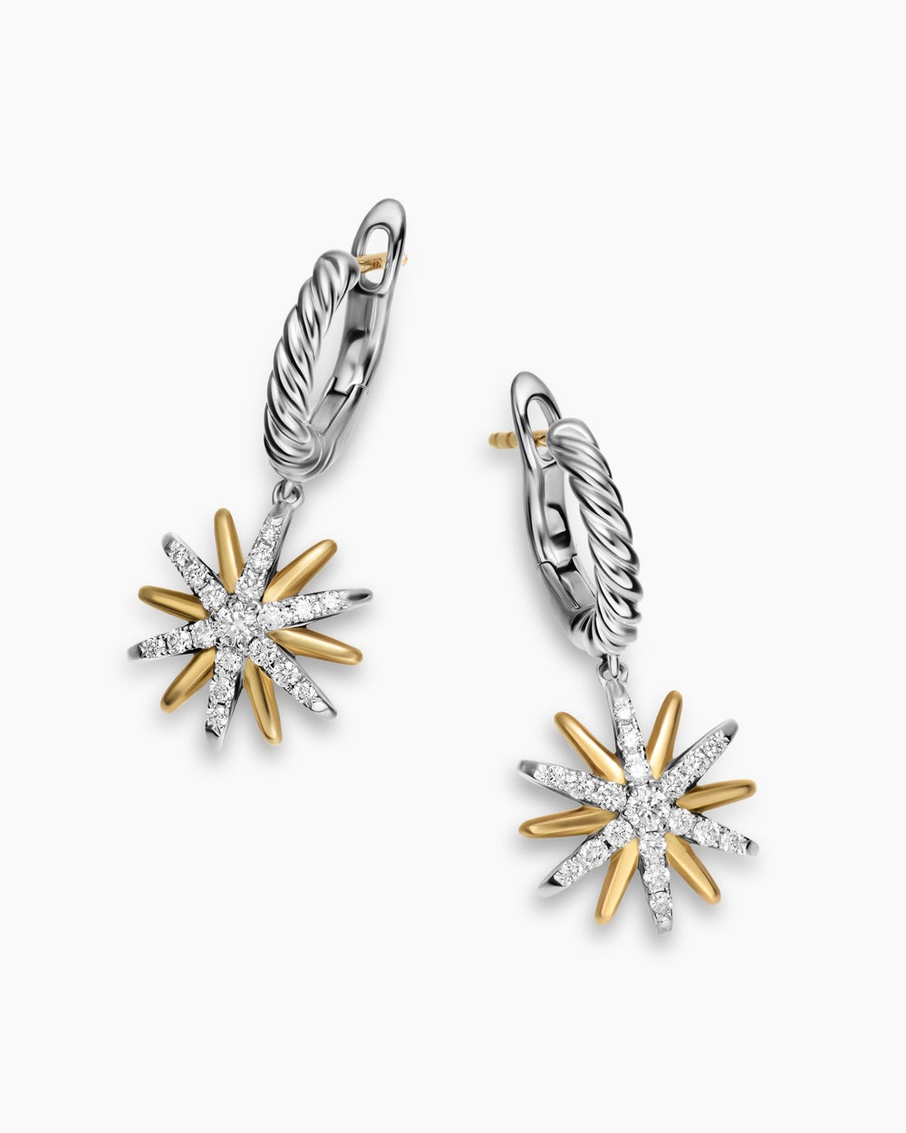 Womens Starburst Drop Earrings in Sterling Silver with 18K Yellow Gold with Diamonds, 26mm