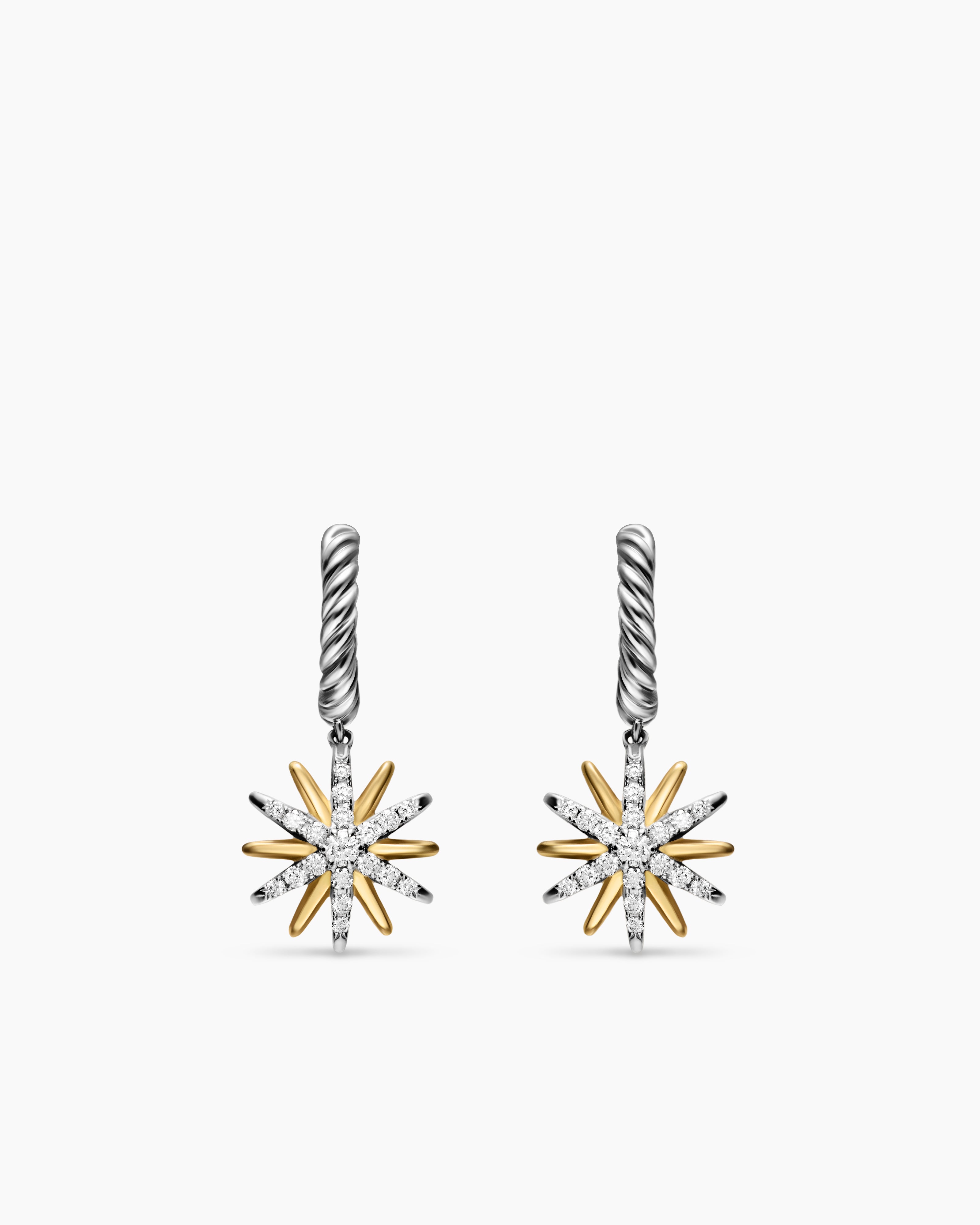 Womens Starburst Drop Earrings in Sterling Silver with 18K Yellow Gold with Diamonds, 26mm