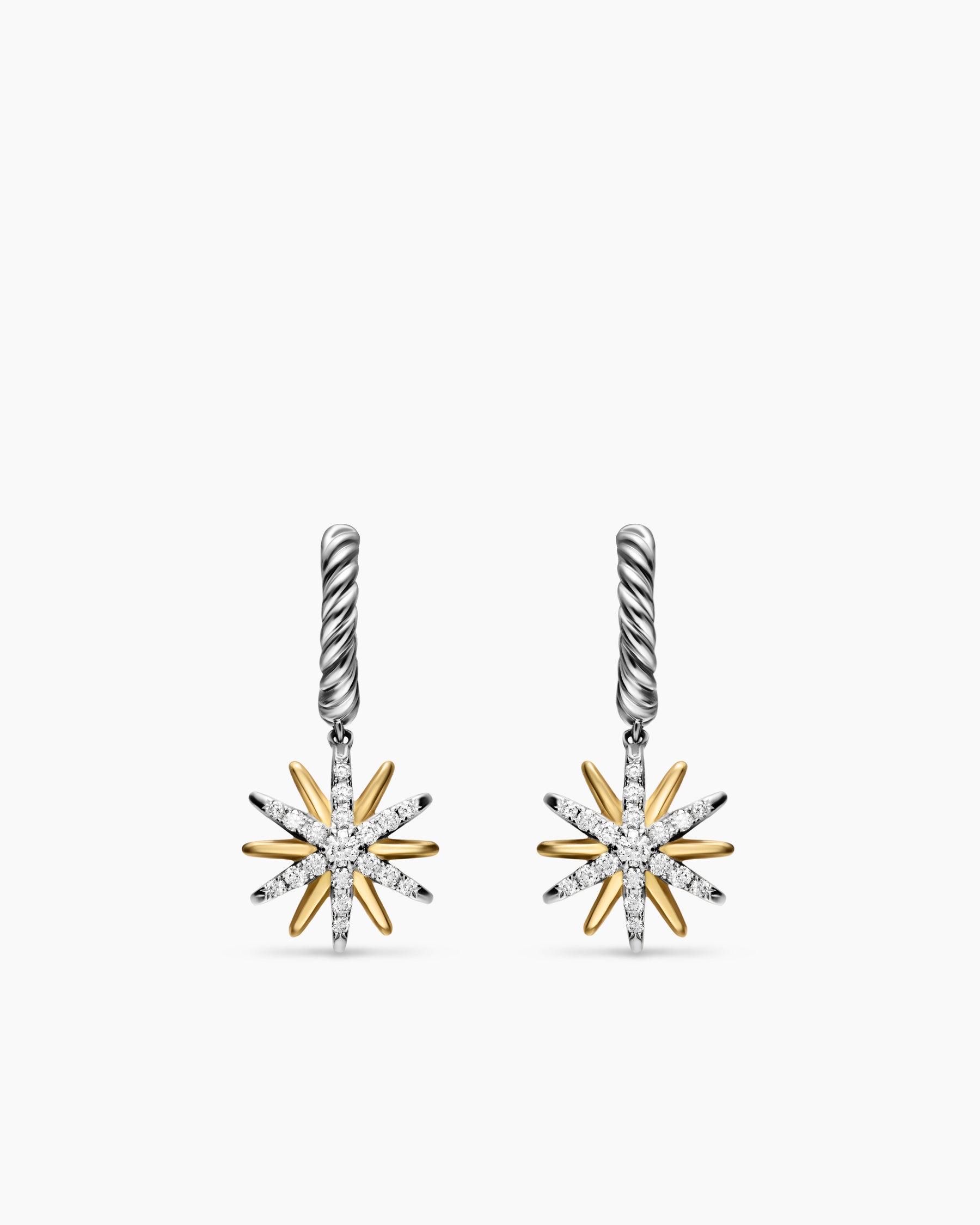 Boucles d’oreilles pendantes Starburst en argent massif avec or jaune 18 carats et diamants, 26 mm