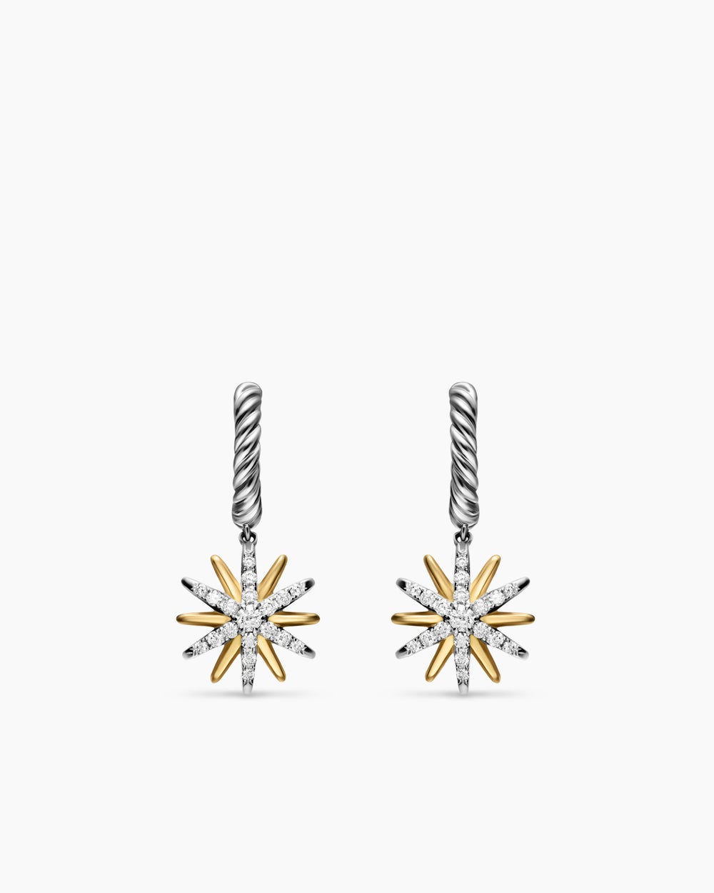 Womens Starburst Drop Earrings in Sterling Silver with 18K Yellow Gold with Diamonds, 26mm