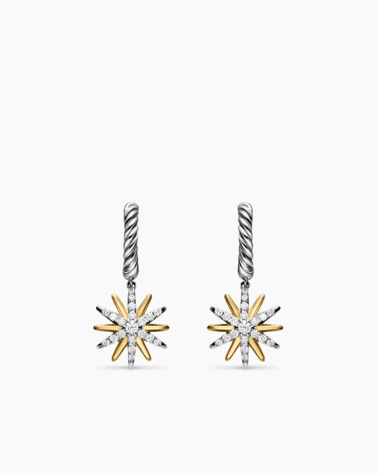 Starburst Drop Earrings in Sterling Silver with 18K Yellow Gold with Diamonds, 26mm