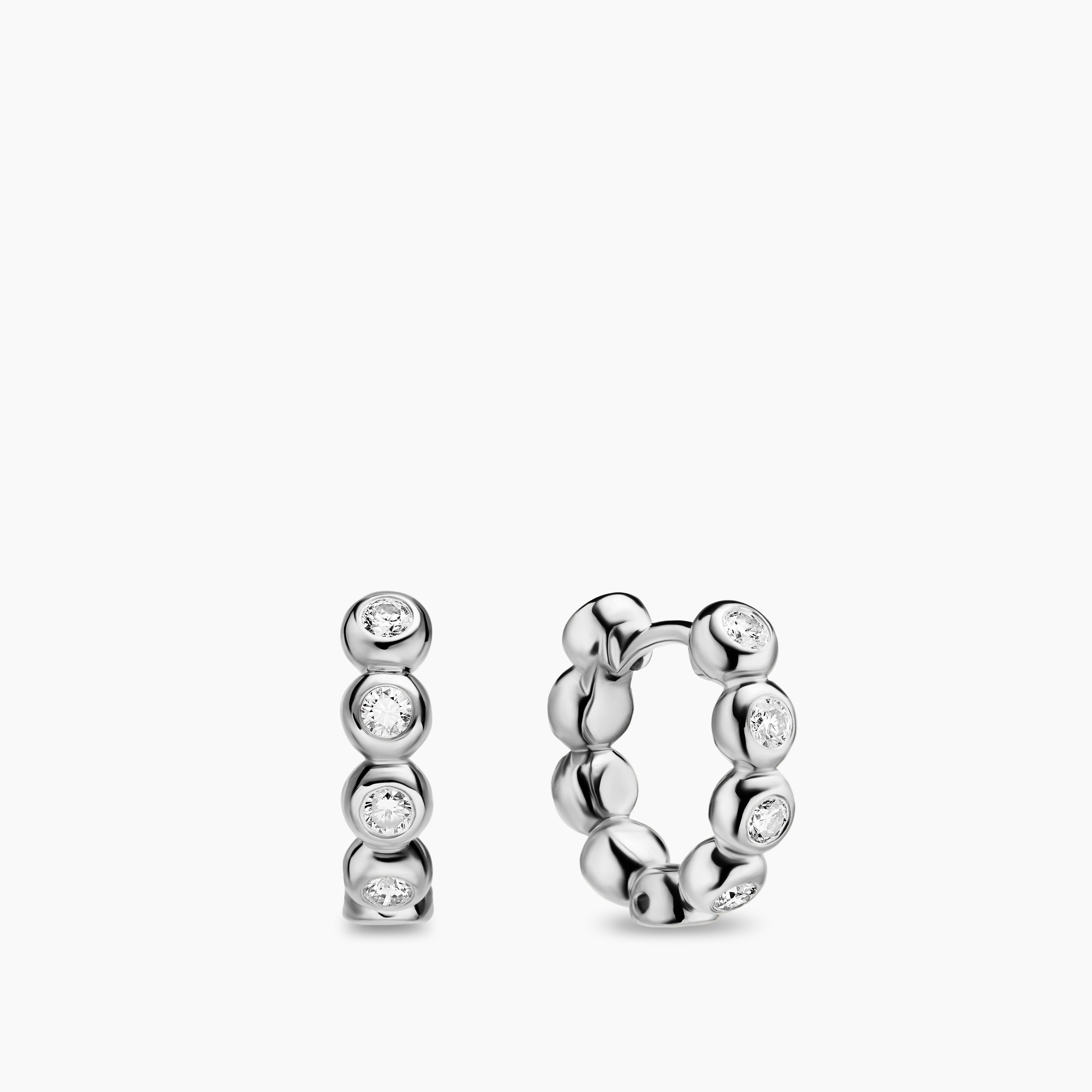 Womens Bezel Set Hoop Earrings in Sterling Silver with Diamonds, 13.4mm