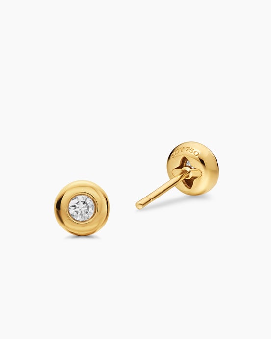 Bezel Set Stud Earrings in 18K Yellow Gold with Diamonds, 6.4mm