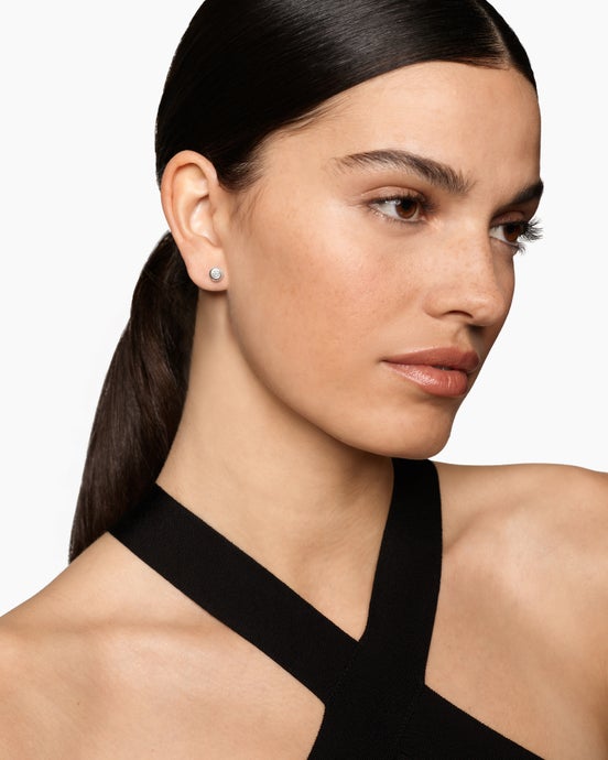 Bezel Set Stud Earrings in Sterling Silver with Diamonds, 6.4mm