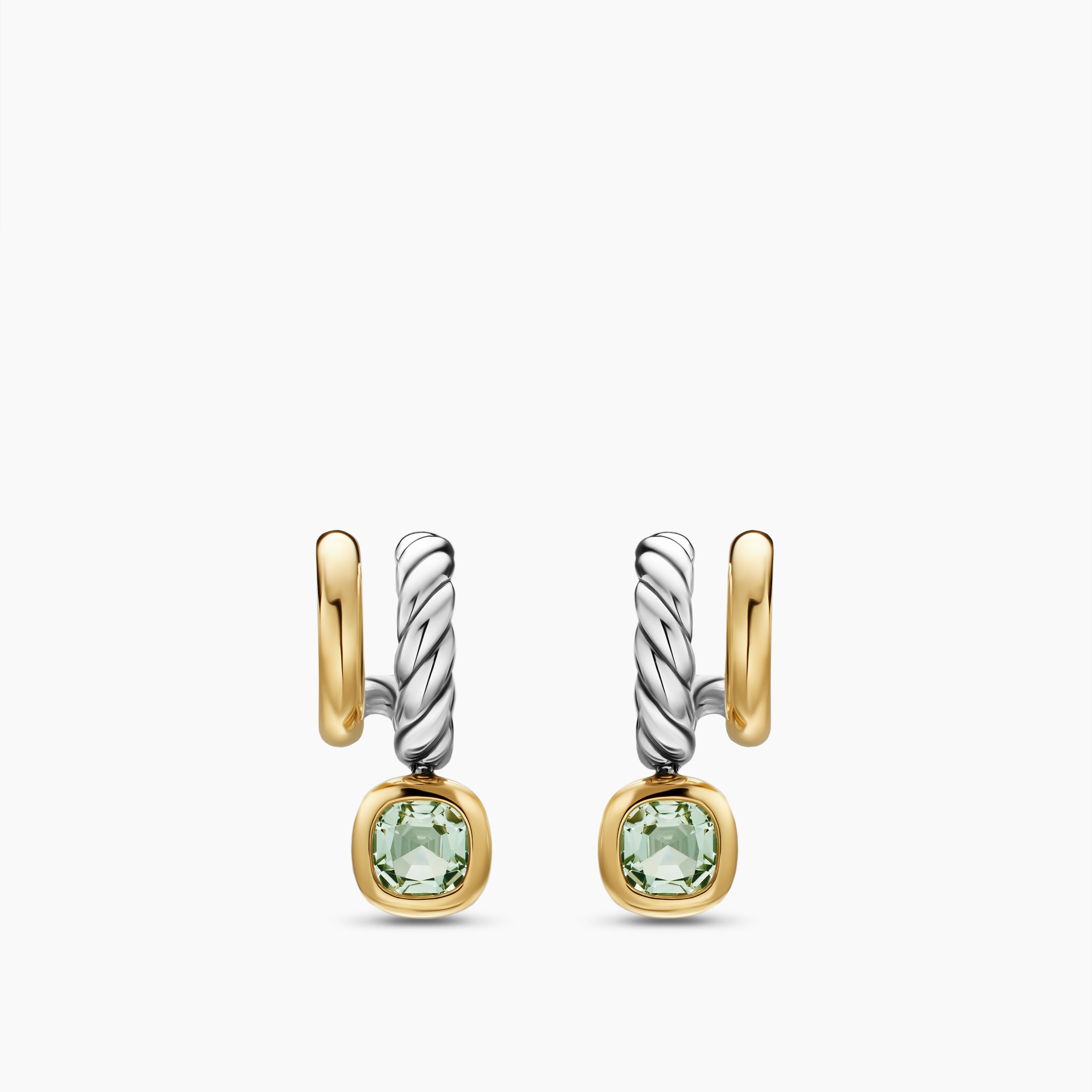 Womens DY Mercer&reg; Color Two Row Drop Earrings in Sterling Silver with 18K Yellow Gold and Prasiolite, 19.5mm