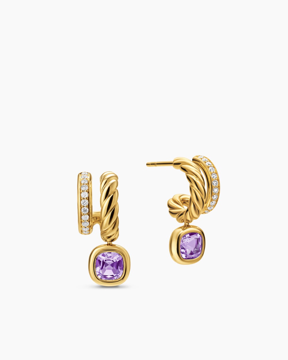 Womens DY Mercer® Color Two Row Drop Earrings in 18K Yellow Gold with Amethyst and Diamonds, 19.5mm