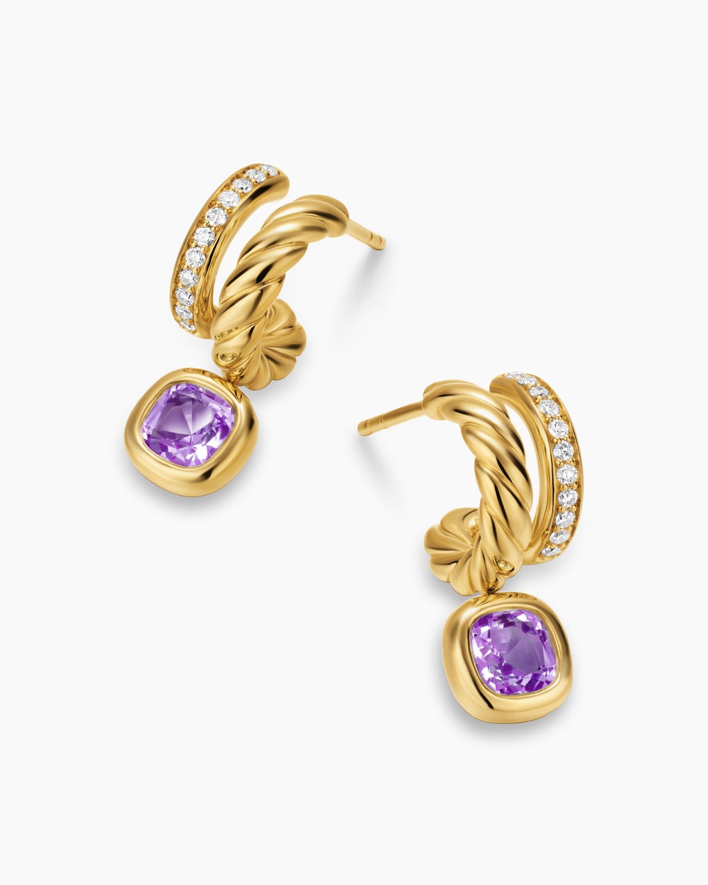 Womens DY Mercer® Color Two Row Drop Earrings in 18K Yellow Gold with Amethyst and Diamonds, 19.5mm