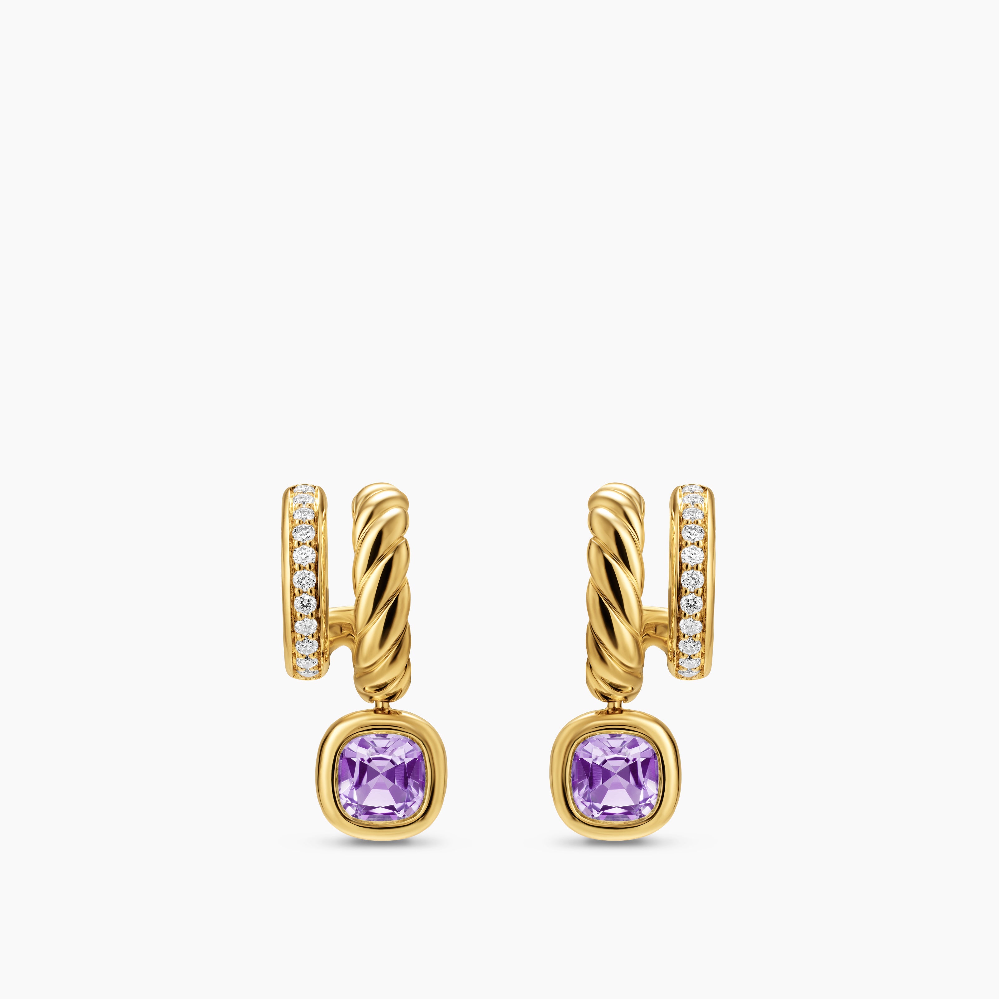 Womens DY Mercer&reg; Color Two Row Drop Earrings in 18K Yellow Gold with Amethyst and Diamonds, 19.5mm