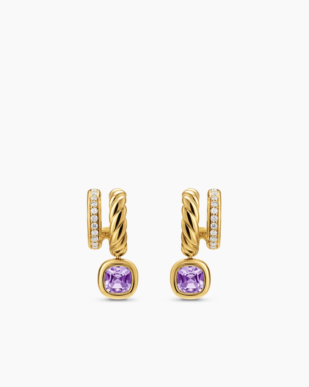 Womens DY Mercer® Color Two Row Drop Earrings in 18K Yellow Gold with Amethyst and Diamonds, 19.5mm