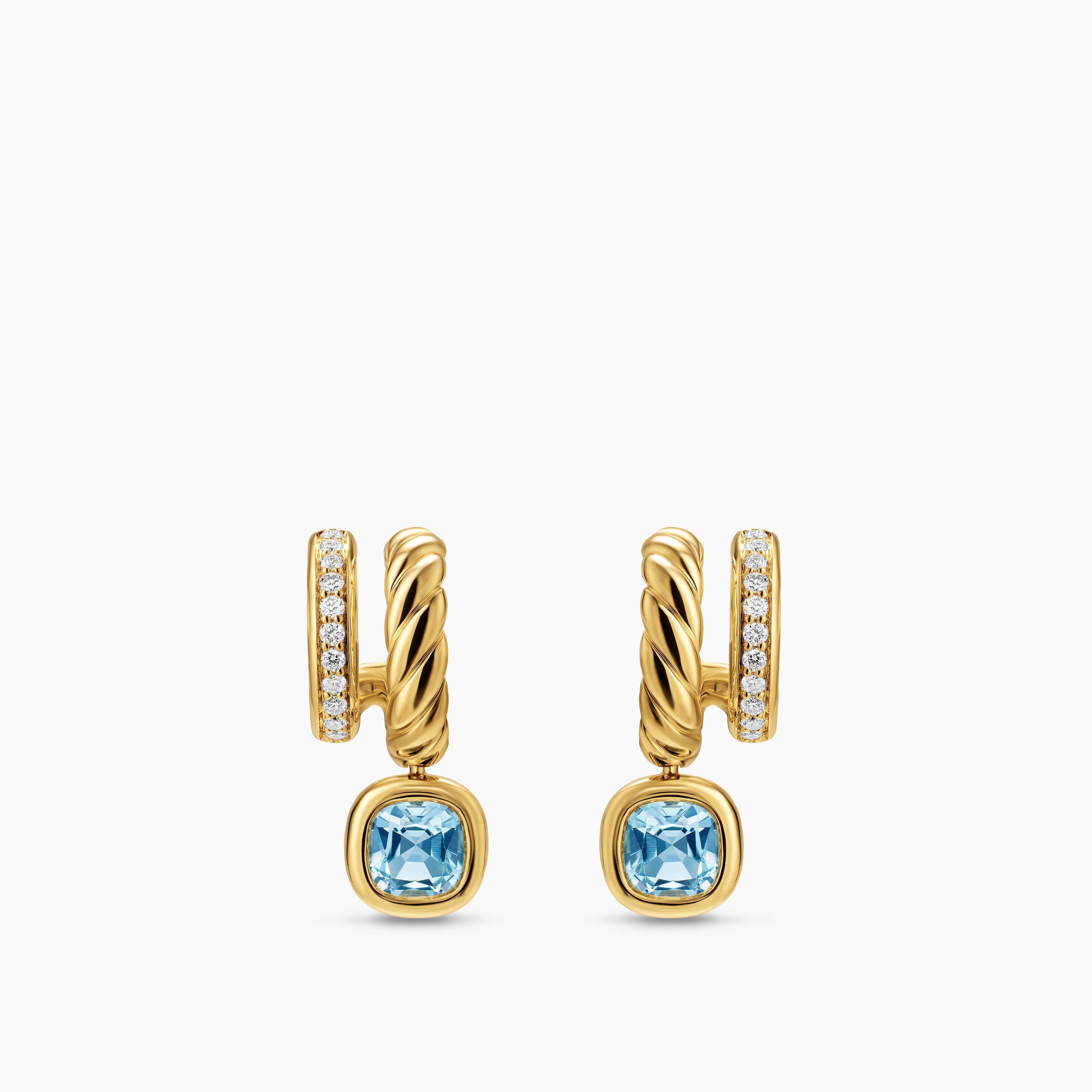 Womens DY Mercer&reg; Color Two Row Drop Earrings in 18K Yellow Gold with Sky Blue Topaz and Diamonds, 19.5mm
