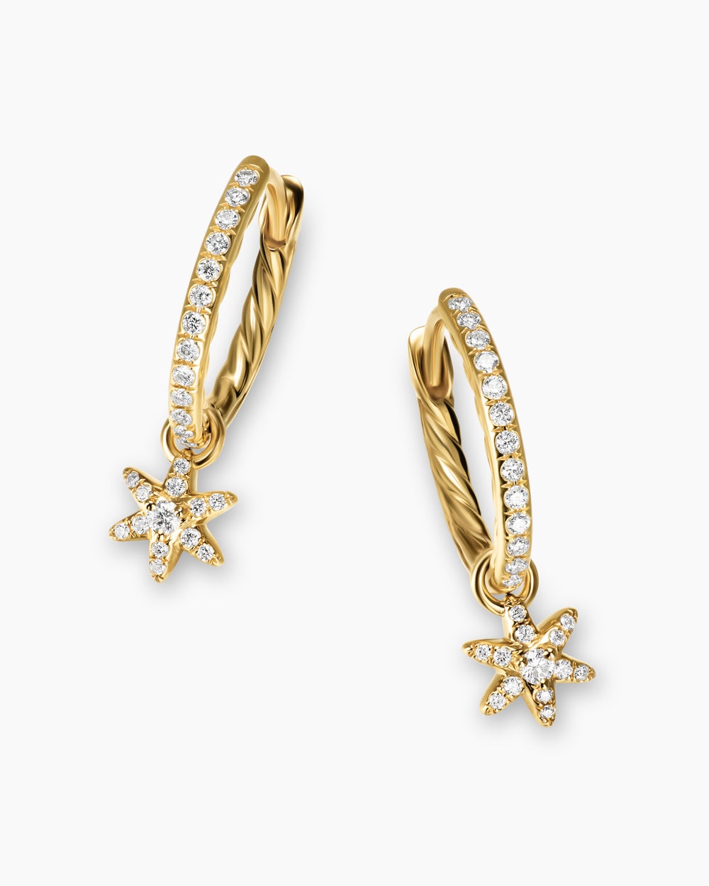 Womens Petite Starburst Drop Earrings in 18K Yellow Gold with Diamonds, 18.8mm