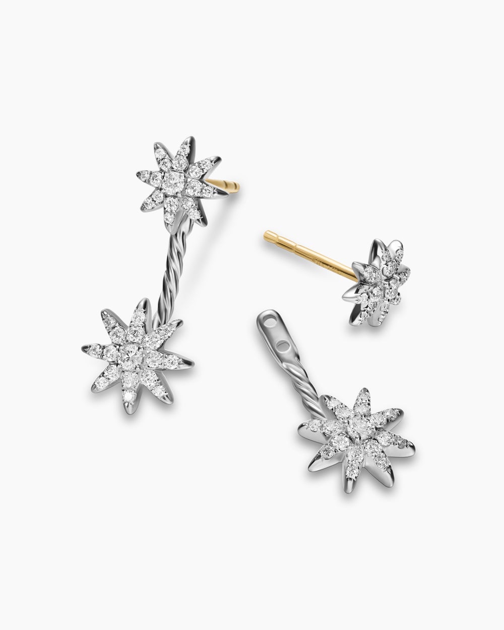 Womens Petite Starburst Double Drop Earrings in Sterling Silver with Diamonds, 20.3mm
