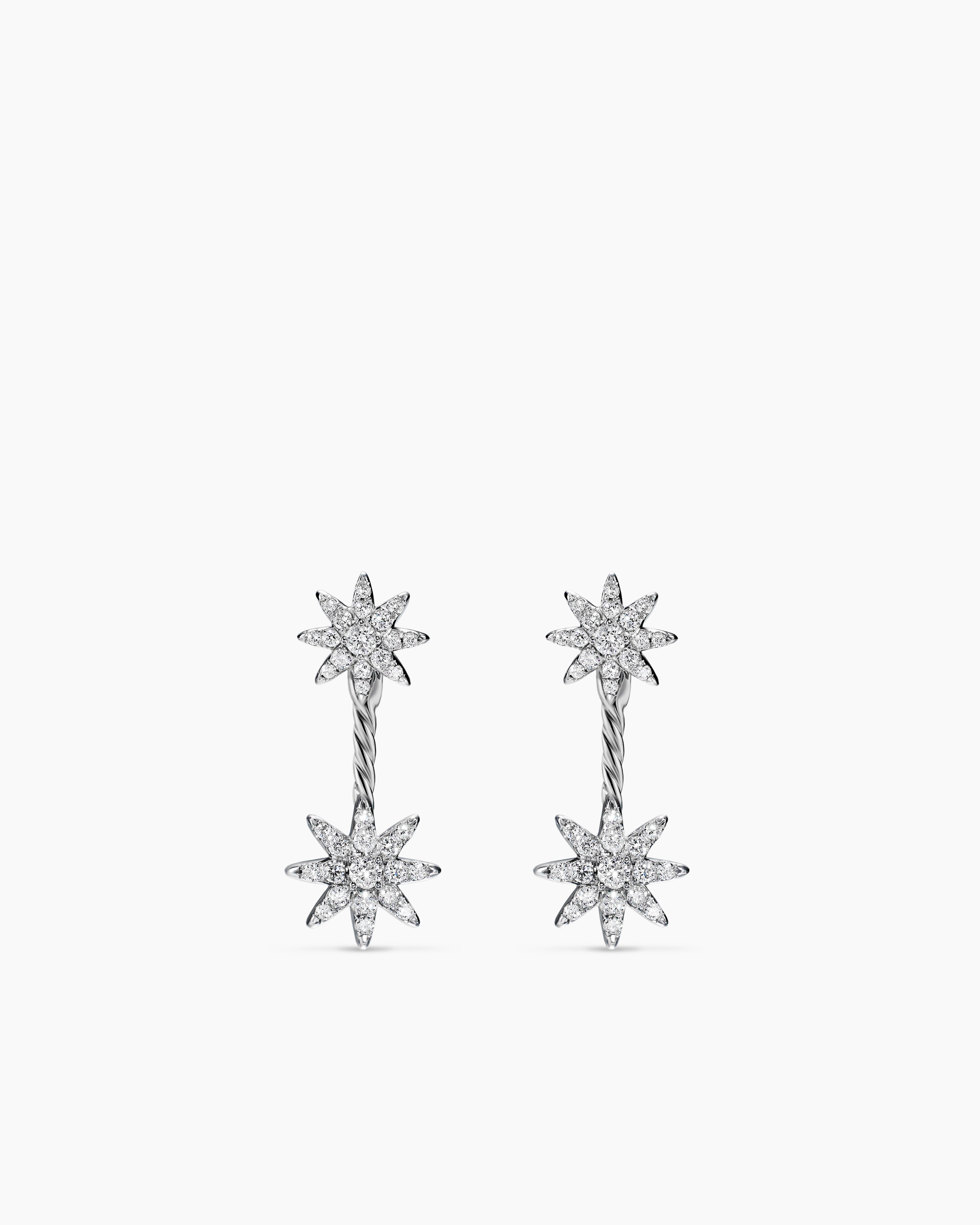 Womens Petite Starburst Double Drop Earrings in Sterling Silver with Diamonds, 20.3mm