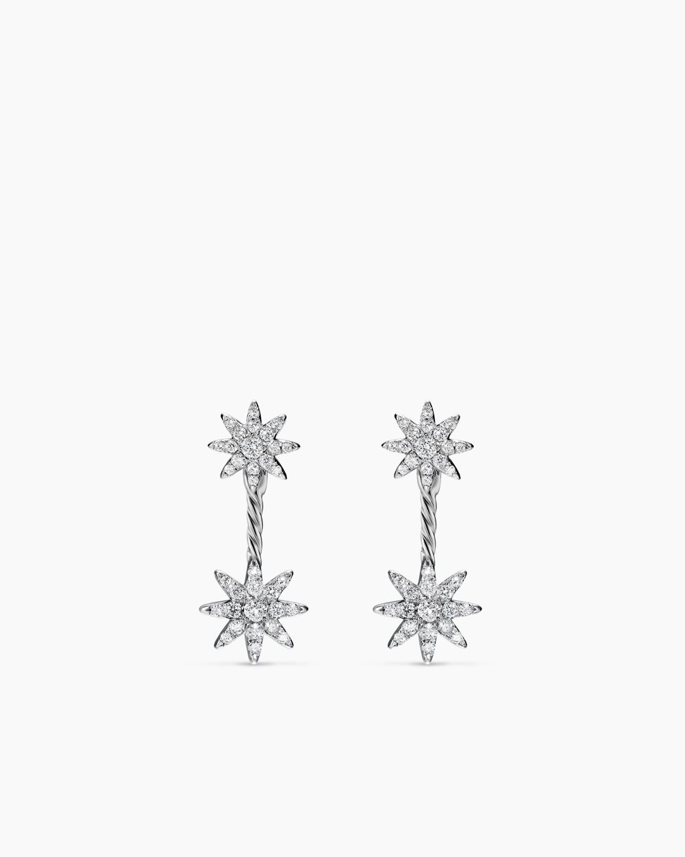 Womens Petite Starburst Double Drop Earrings in Sterling Silver with Diamonds, 20.3mm