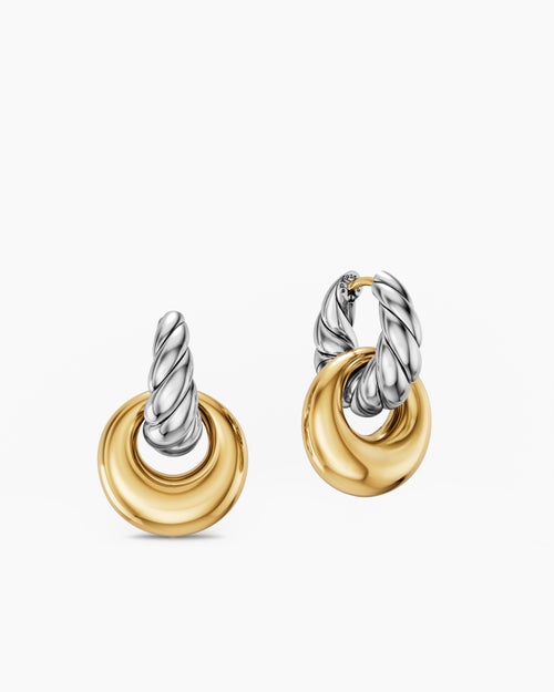 Womens Sculpted Cable Drop Earrings in Sterling Silver with 14K Yellow Gold, 23mm
