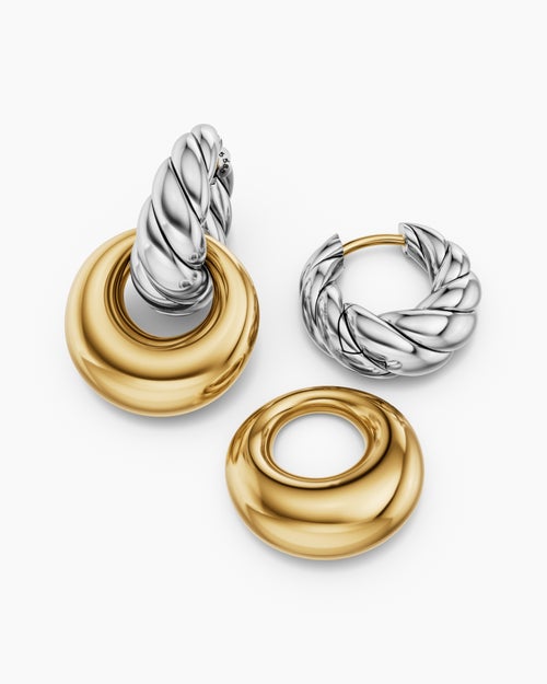 Womens Sculpted Cable Drop Earrings in Sterling Silver with 14K Yellow Gold, 23mm