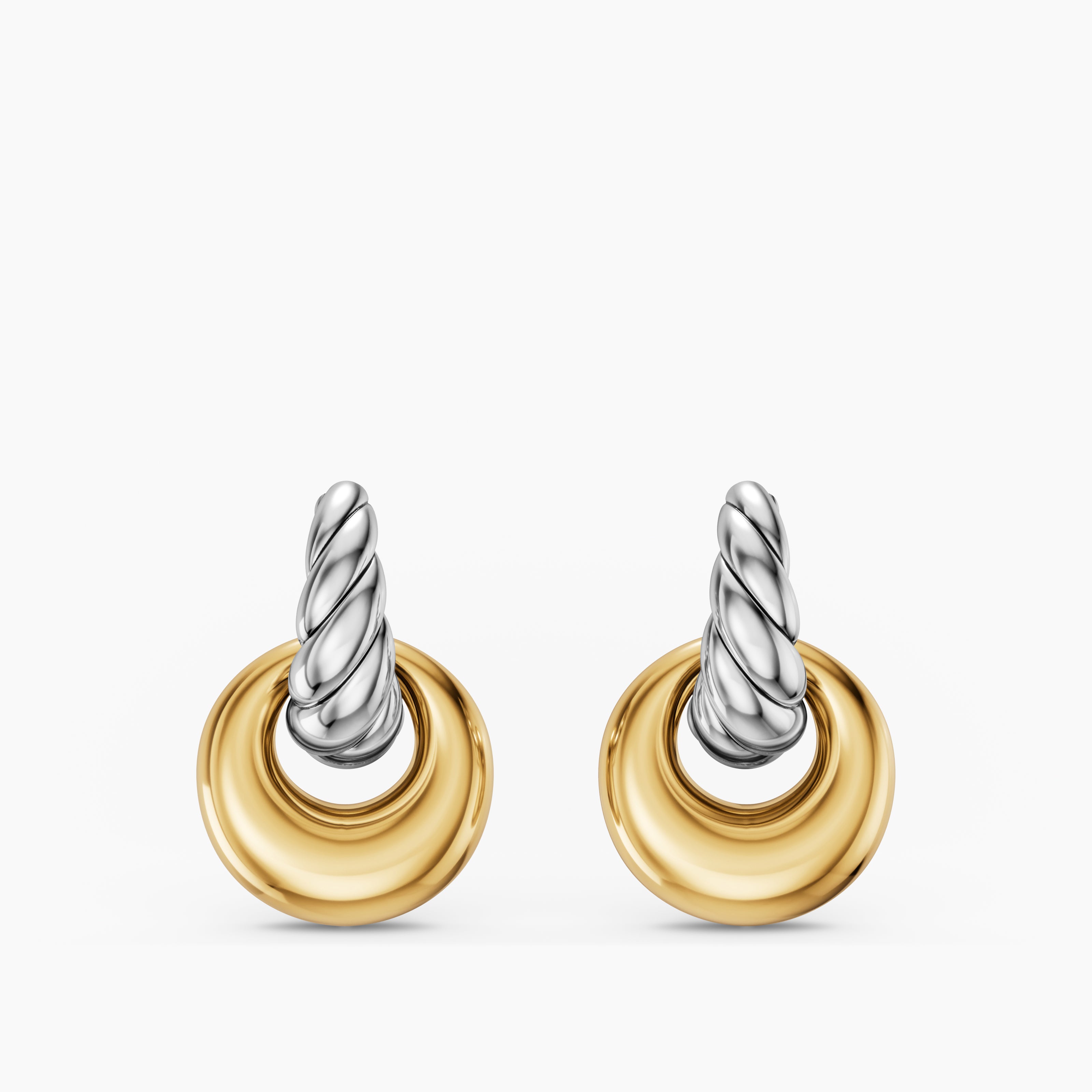 Womens Sculpted Cable Drop Earrings in Sterling Silver with 14K Yellow Gold, 23mm
