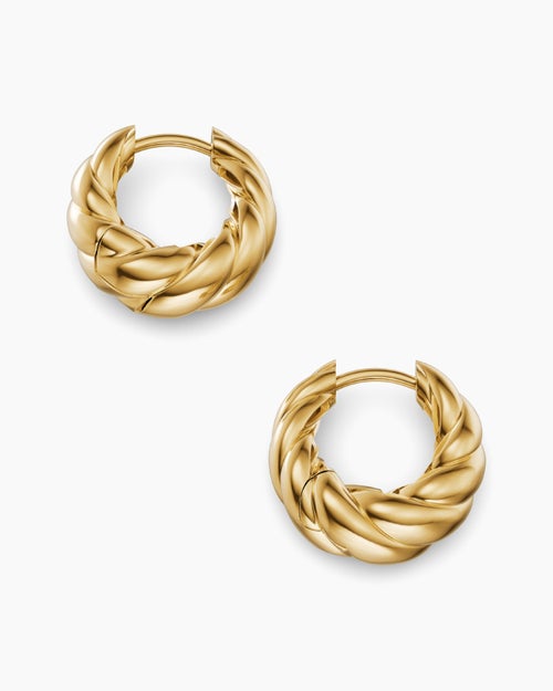 Womens Sculpted Cable Tapered Hoop Earrings in 18K Yellow Gold, 15.7mm