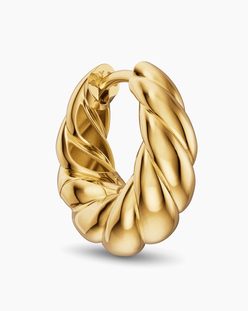 Womens Sculpted Cable Tapered Hoop Earrings in 18K Yellow Gold, 15.7mm