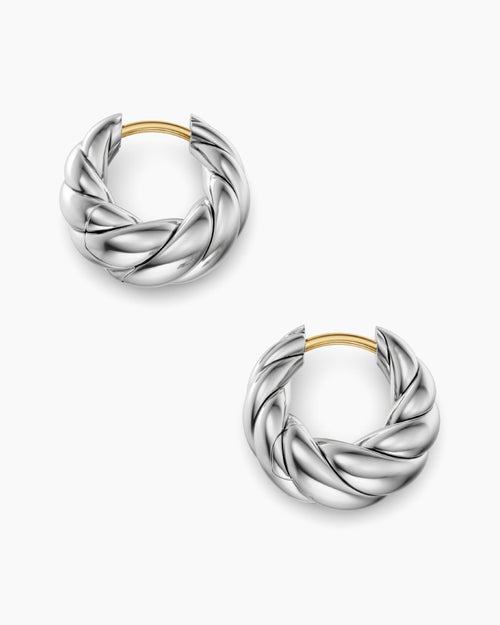 Womens Sculpted Cable Tapered Hoop Earrings in Sterling Silver, 15.7mm