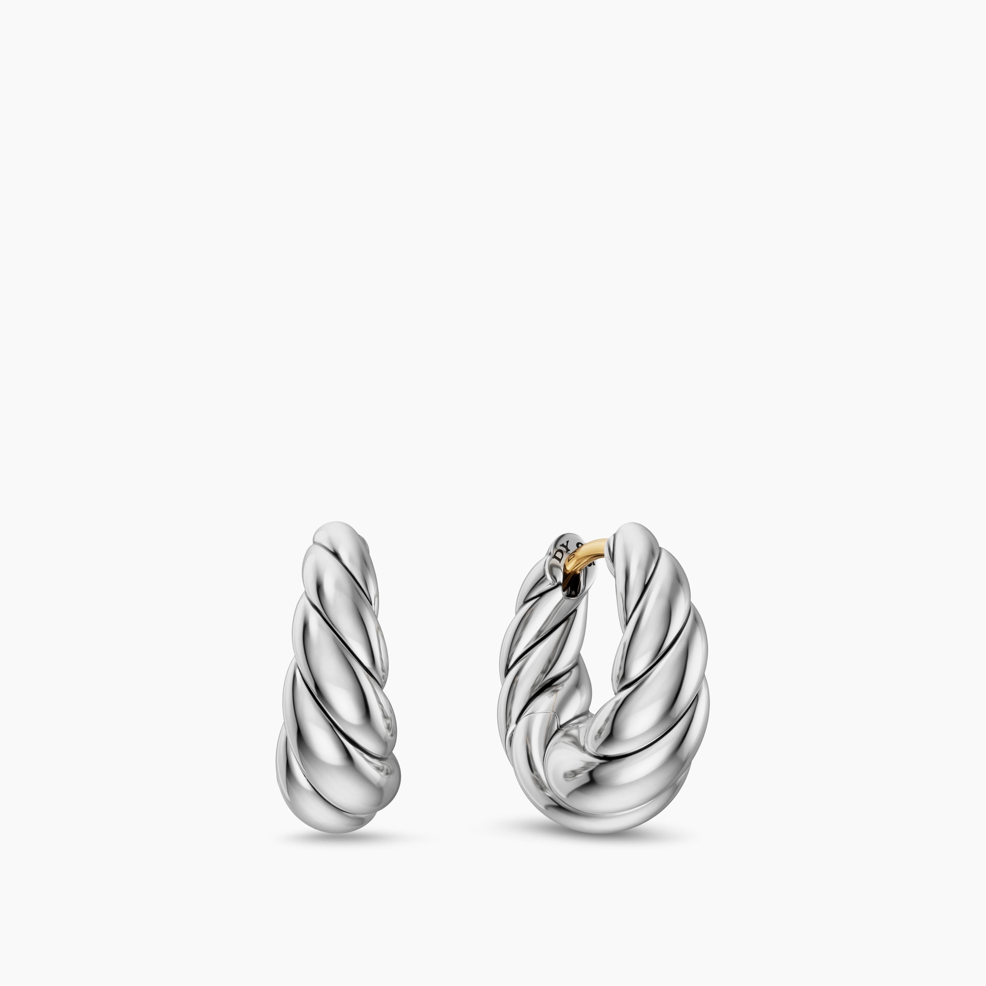 Womens Sculpted Cable Tapered Hoop Earrings in Sterling Silver, 15.7mm