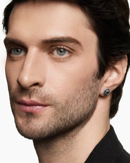 Mens Streamline® Pavé Stud Earring in Sterling Silver with Black Diamonds, 10mm