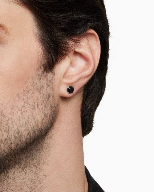 Mens Stud Earring in Sterling Silver with Black Diamond, 7mm