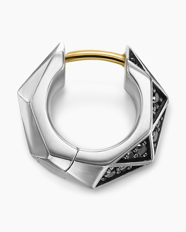 Faceted Hoop Earring in Sterling Silver with Black Diamonds, 14.5mm