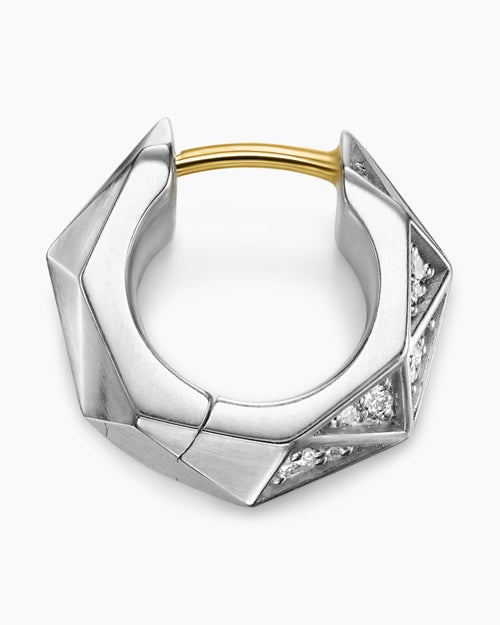 Mens Faceted Hoop Earring in Sterling Silver with Diamonds, 14.5mm