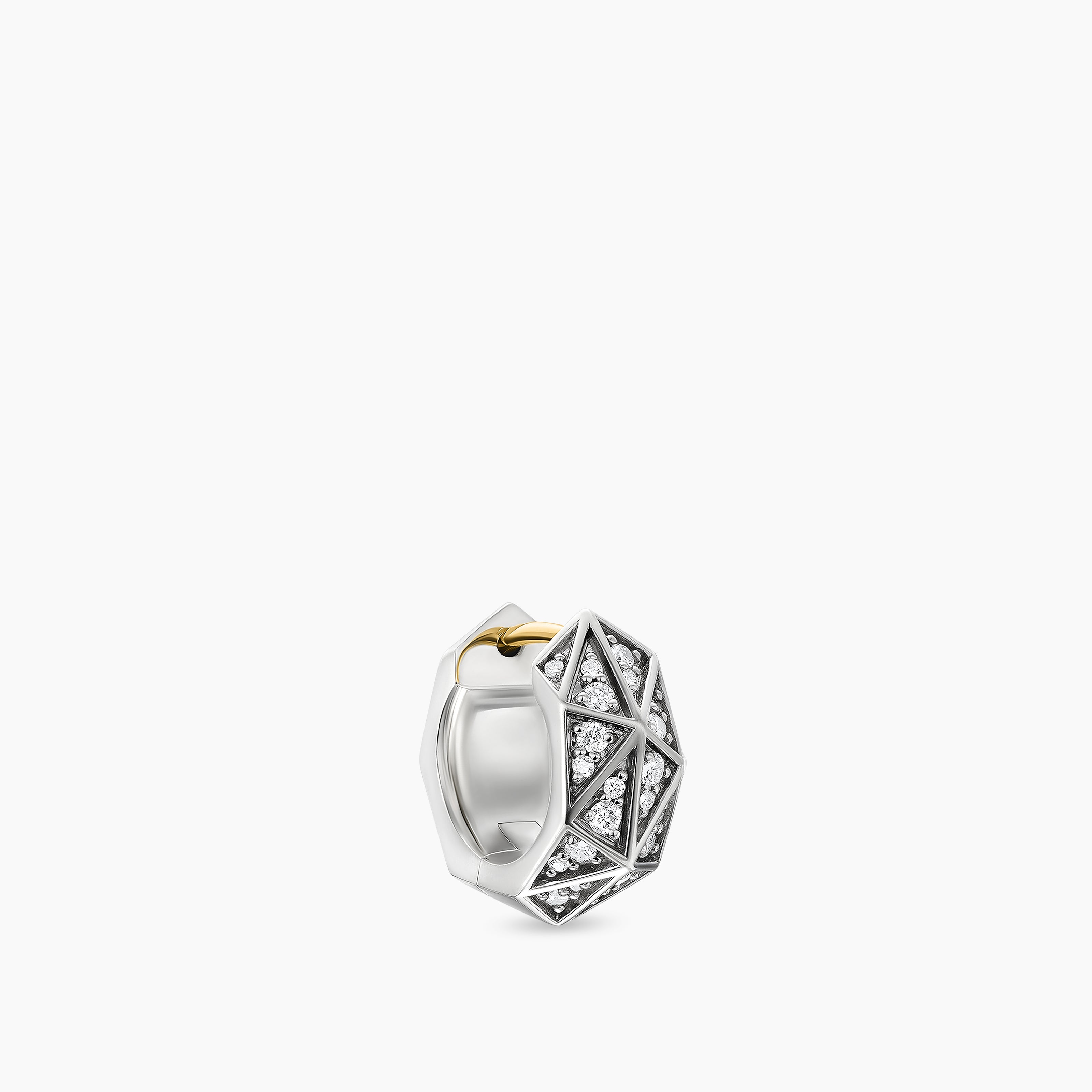 Mens Faceted Hoop Earring in Sterling Silver with Diamonds, 14.5mm