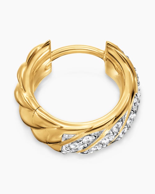 Mens Sculpted Cable Hoop Earring in 18K Yellow Gold with Diamonds, 12.8mm