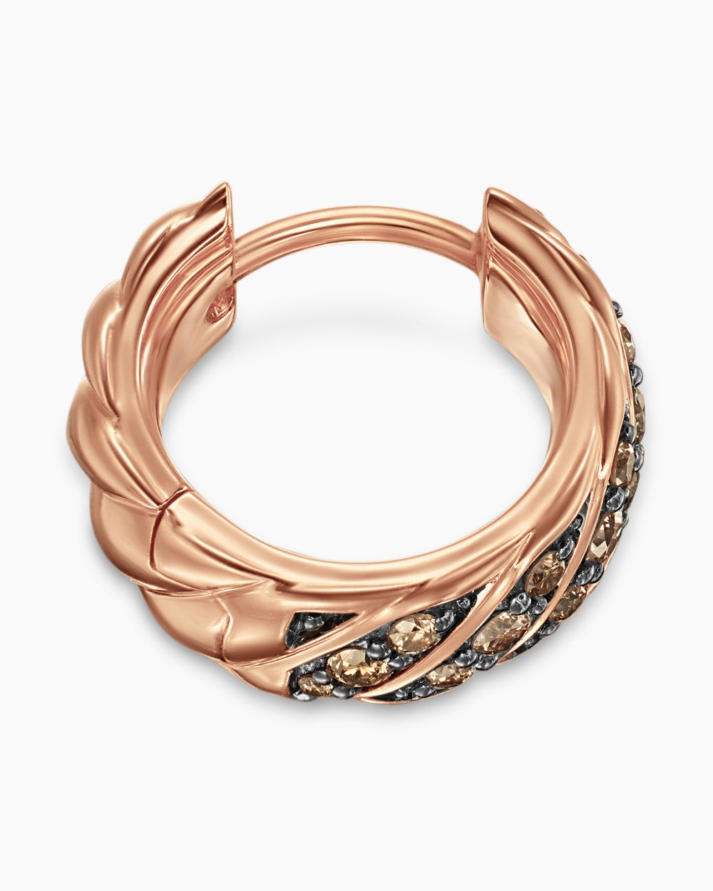 Mens Sculpted Cable Hoop Earring in 18K Rose Gold with Cognac Diamonds, 12.8mm