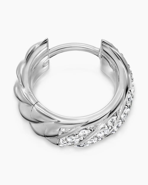 Mens Sculpted Cable Hoop Earring in 18K White Gold with Diamonds, 12.8mm