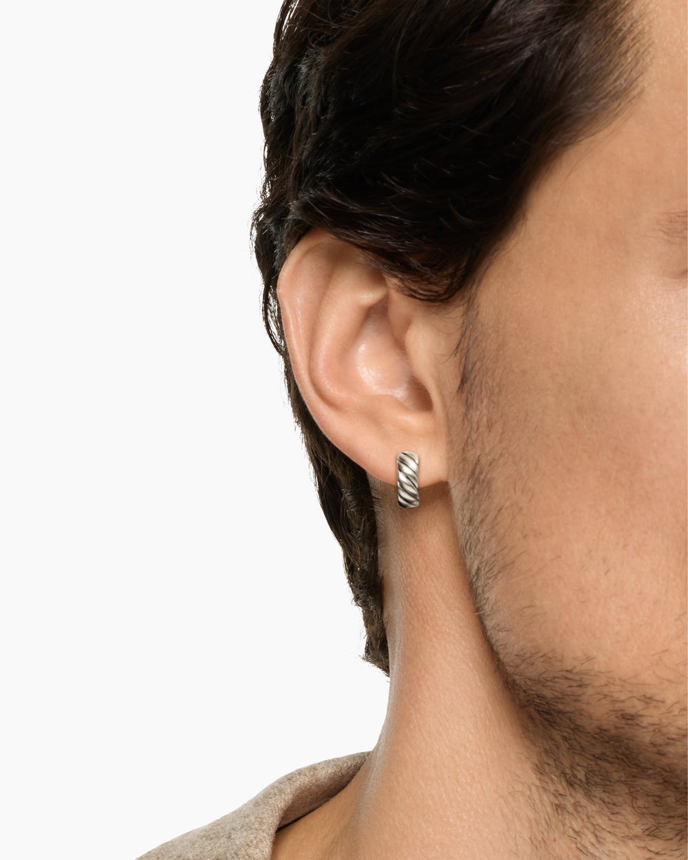 Mens Sculpted Cable Hoop Earring in Sterling Silver, 12.8mm