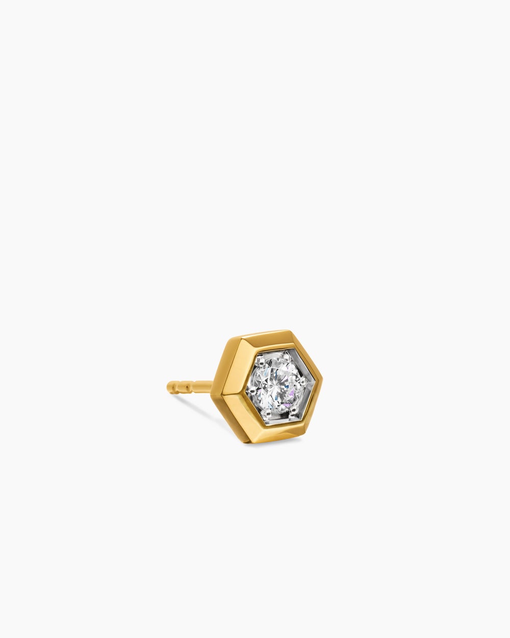 Mens Faceted Hex Stud Earring in 18K Yellow Gold with Diamond, 8mm