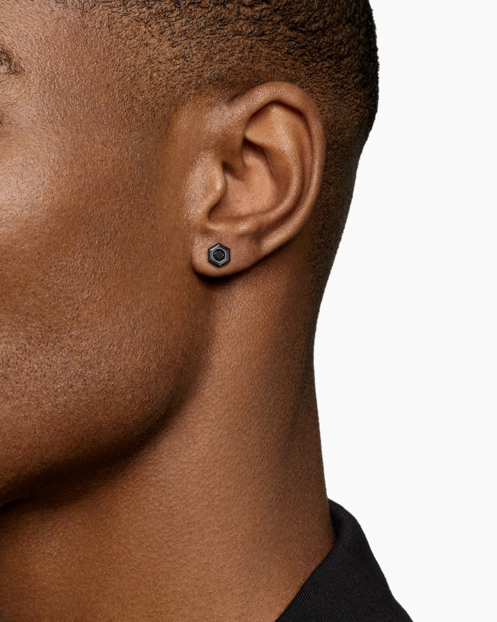 Mens Faceted Hex Stud Earring in Black Titanium with Black Diamond, 8mm