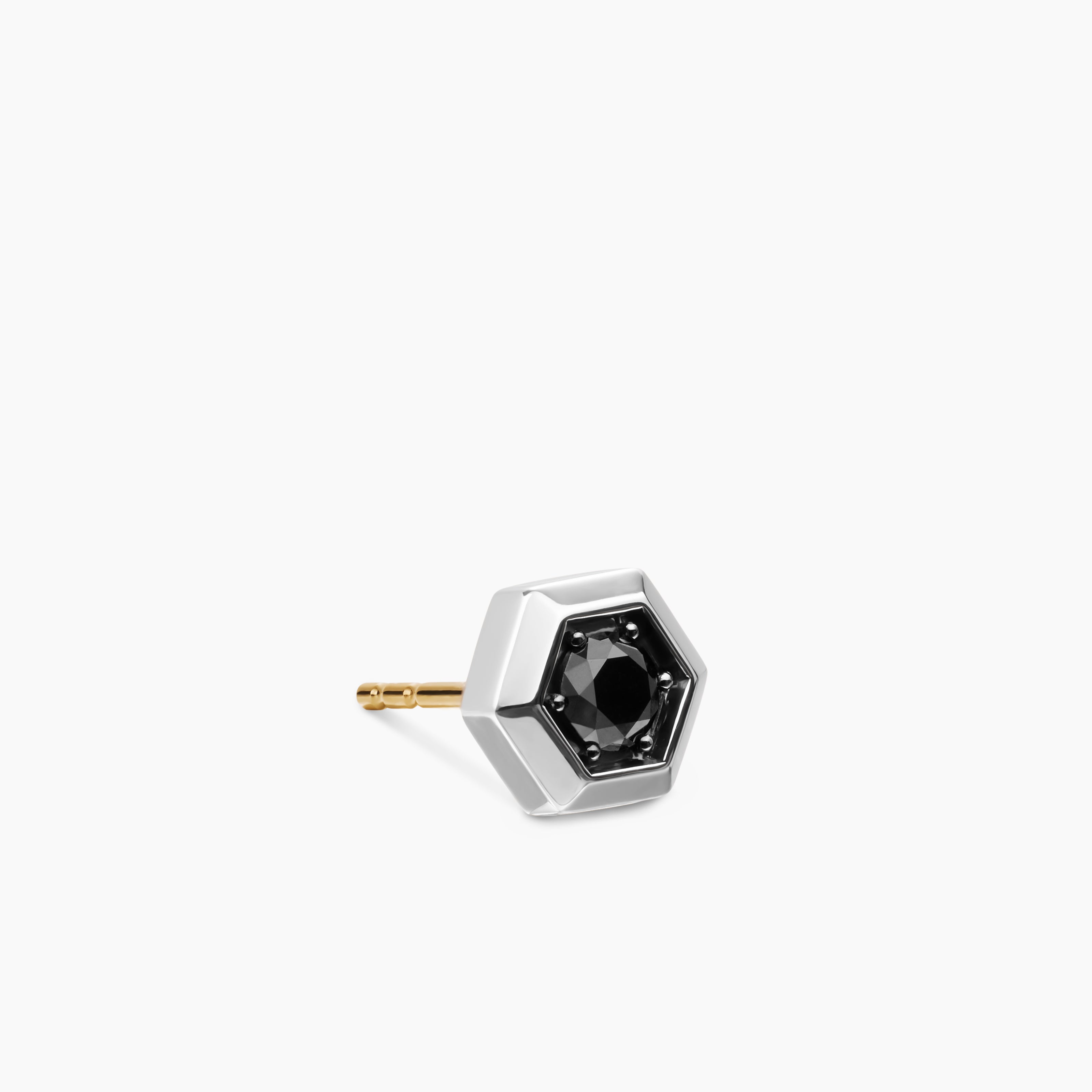 Mens Faceted Hex Stud Earring in Sterling Silver with Black Diamond, 8mm