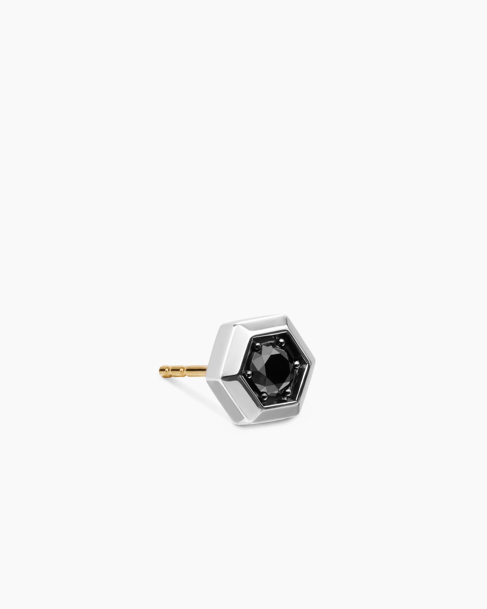 Mens Faceted Hex Stud Earring in Sterling Silver with Black Diamond, 8mm