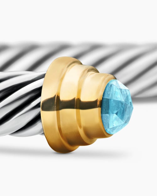 Cable Teen Bracelet in Sterling Silver with 14K Yellow Gold and Aquamarine, 4mm