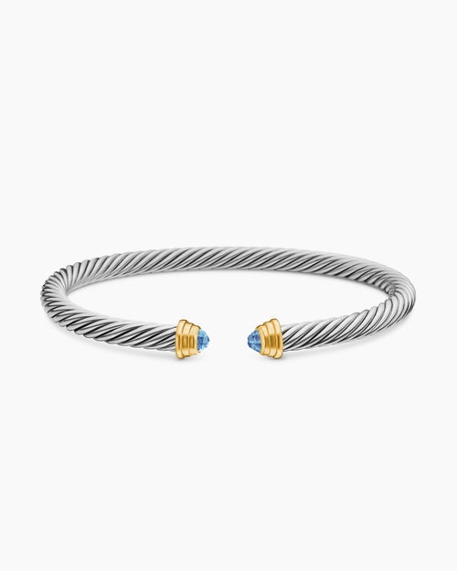 Cable Teen Bracelet in Sterling Silver with 14K Yellow Gold and Blue Topaz, 4mm
