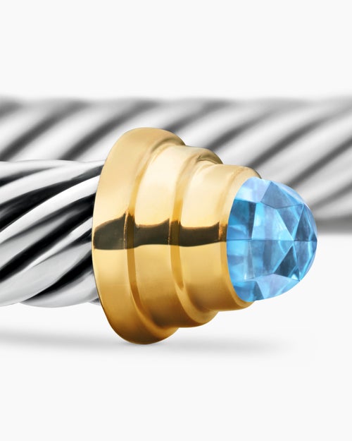 Cable Teen Bracelet in Sterling Silver with 14K Yellow Gold and Blue Topaz, 4mm