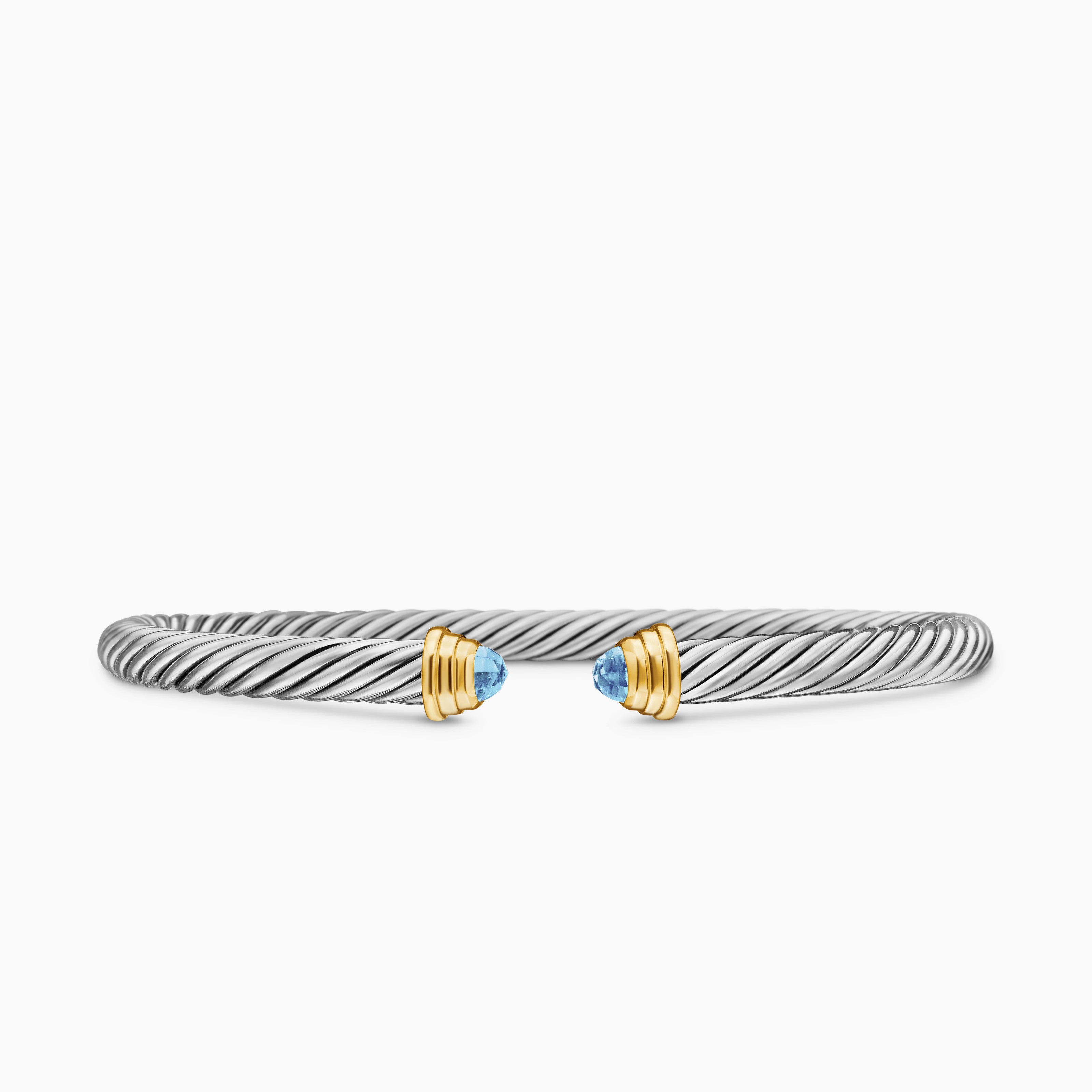 Cable Teen Bracelet in Sterling Silver with 14K Yellow Gold and Blue Topaz, 4mm