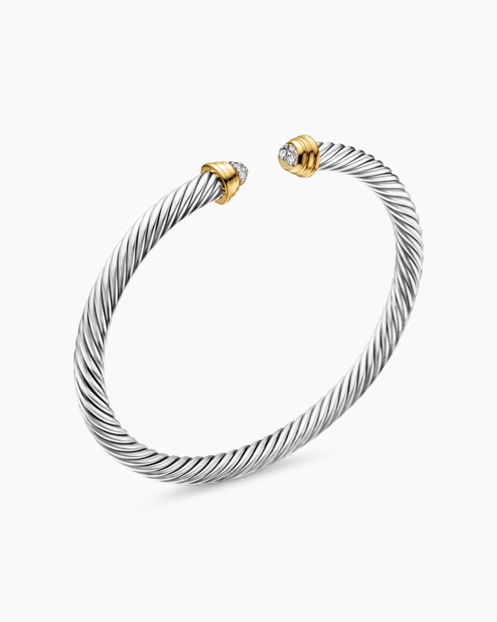 Cable Teen Bracelet in Sterling Silver with 14K Yellow Gold and Diamonds, 4mm